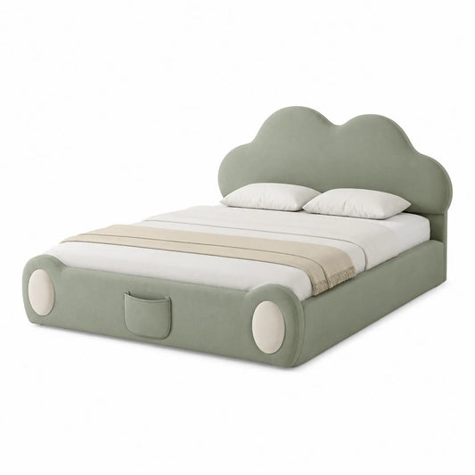 Samt-Doppelbett mit Wolkenkopfteil in Salbeigrün 200x140 cm