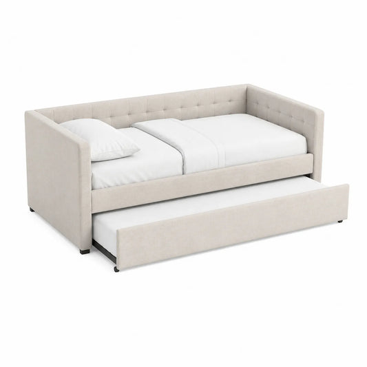 Polster-Tagesbett mit Ausziehbett Metallrahmen Beige 200 x 90 cm